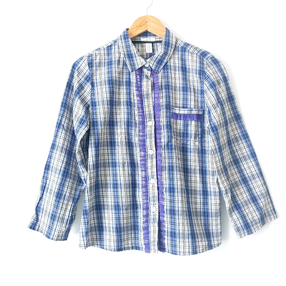 Pout by Victoria Secret Plaid Tulle Hem Button Up Shirt Blouse Sz S